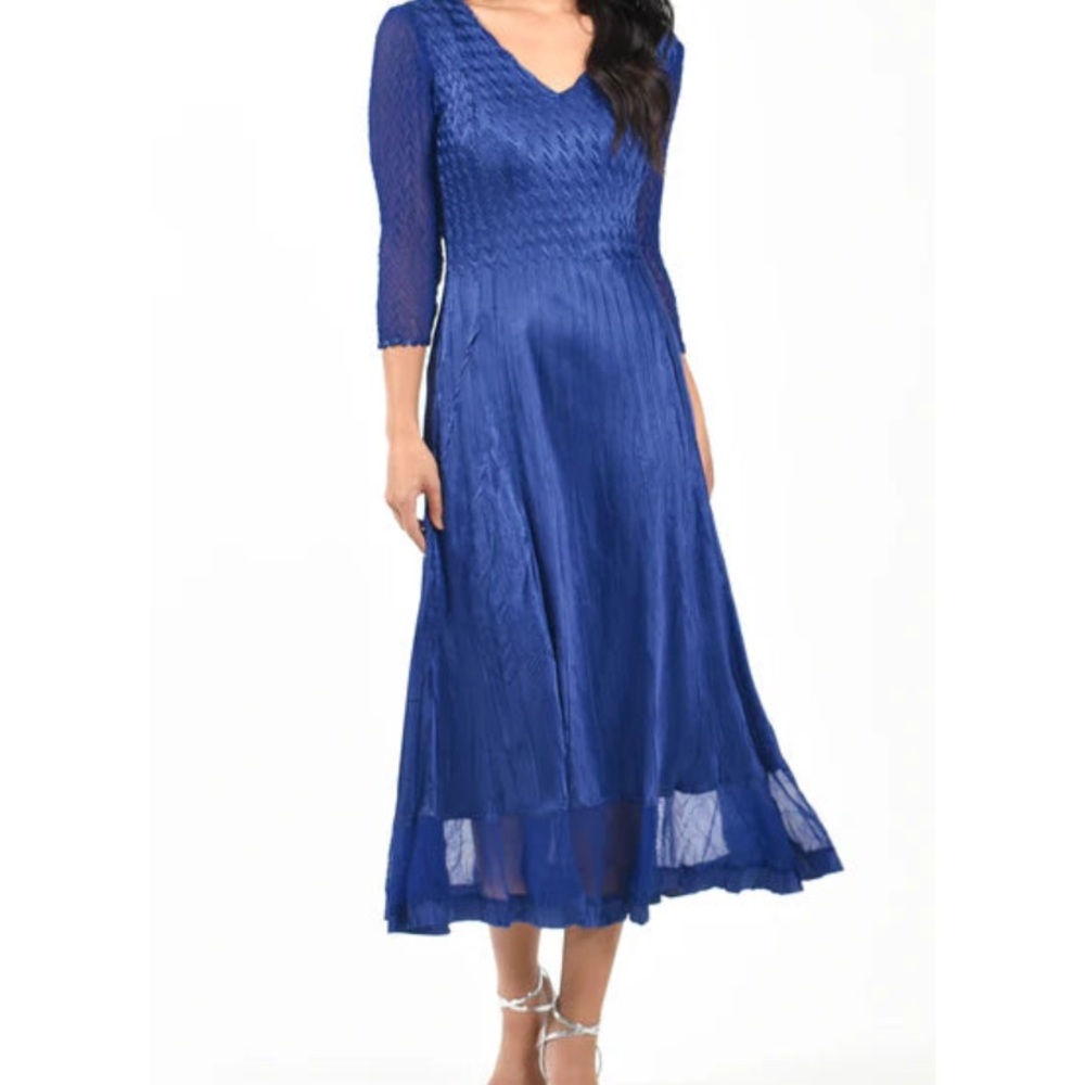 KOMAROV V-Neck Pleated Dress w/ Sheer Sleeves & Hemline Size Small Blue